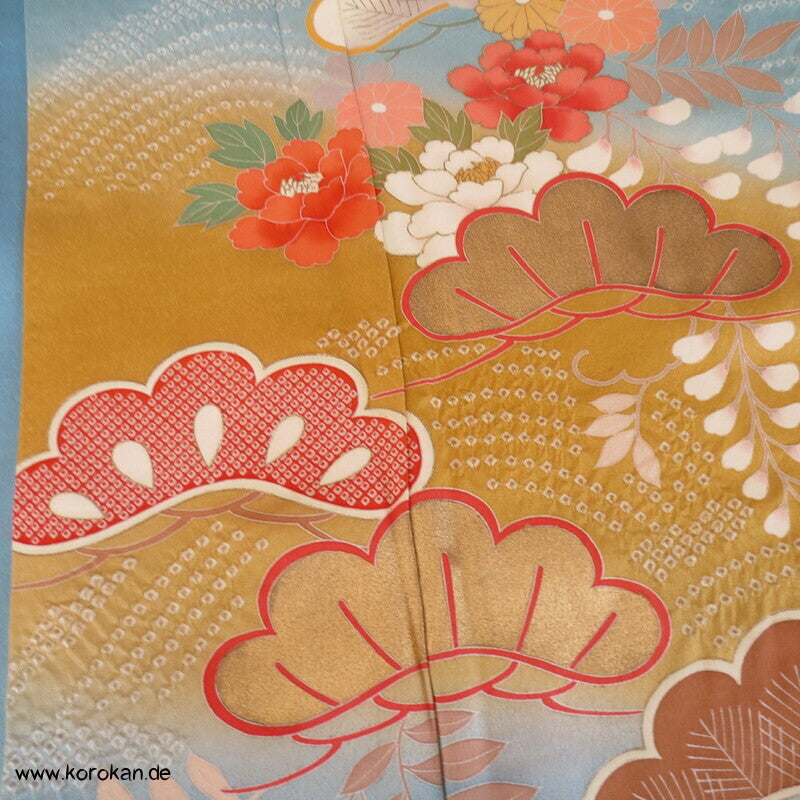 feine Shibori Wellen, Pinien, Wisteria, Päonien Seidencrepe Furisode Kimono