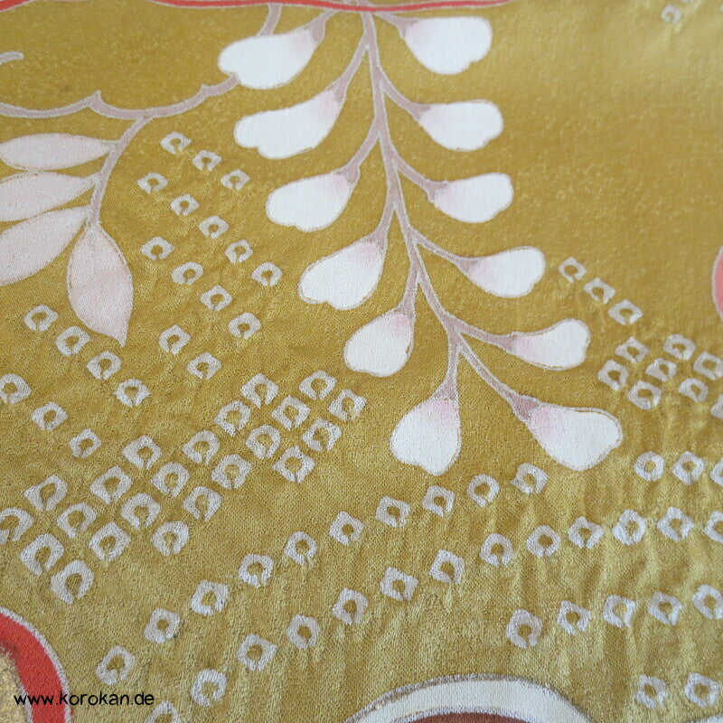 feine Shibori Wellen, Pinien, Wisteria, Päonien Seidencrepe Furisode Kimono