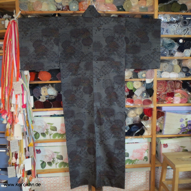 Schneeflocken, Blumen Kasuri Tsumugi Seiden Kimono