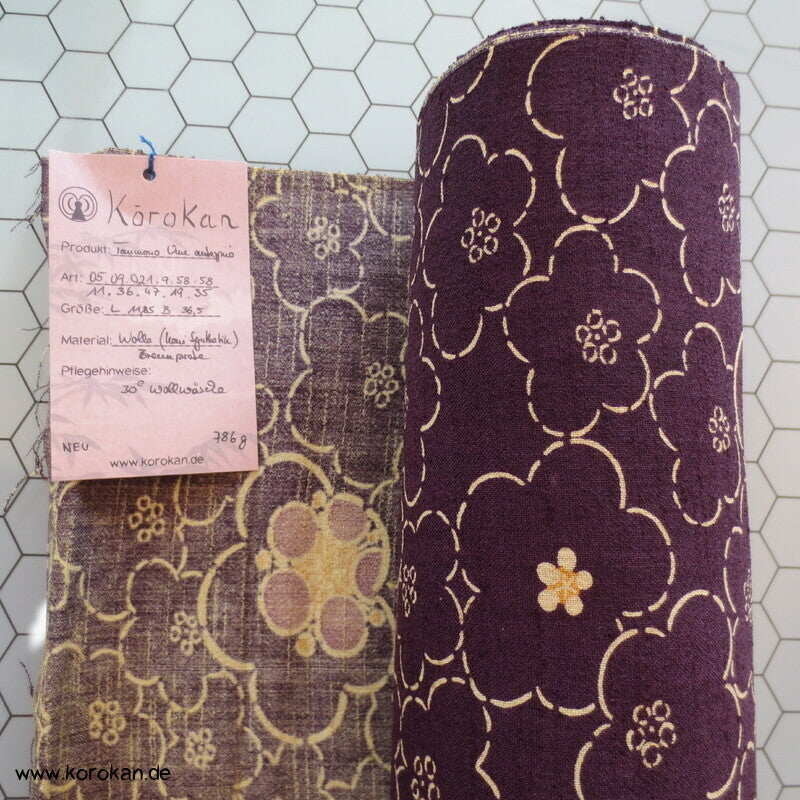 Ume Blüten aubergine Kimono Wolle / Seide Stoffrolle