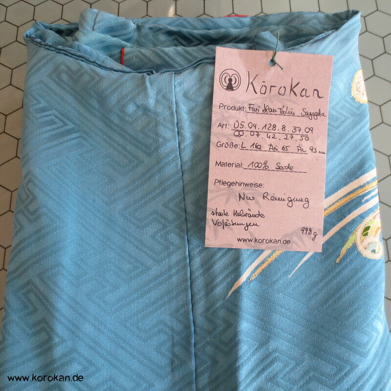 Päonien auf Sayagata Seidendamast Furisode Kimono, türkisblau mit Wellen