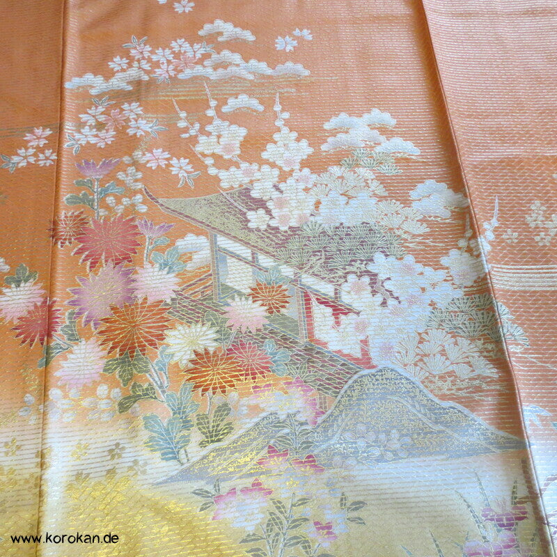 stark glänzendes Muster auf Farbverläufen Furisode Seidendamast Kimono