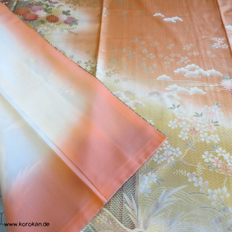 stark glänzendes Muster auf Farbverläufen Furisode Seidendamast Kimono