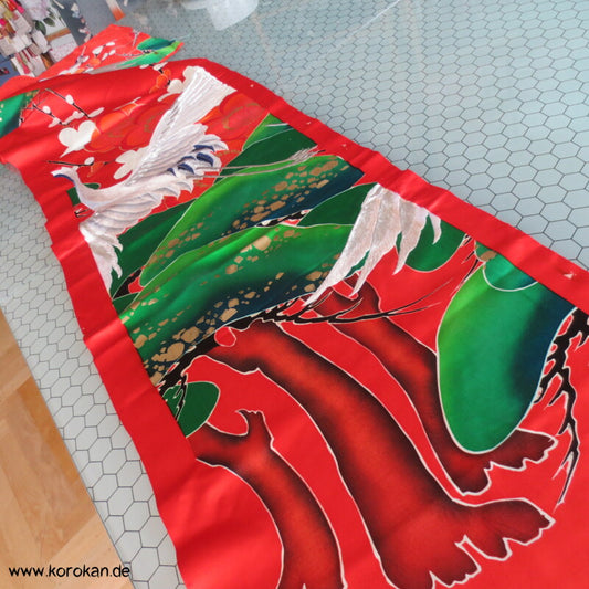 Kranich Panel Kimono Seiden Stickerei Stoffrest