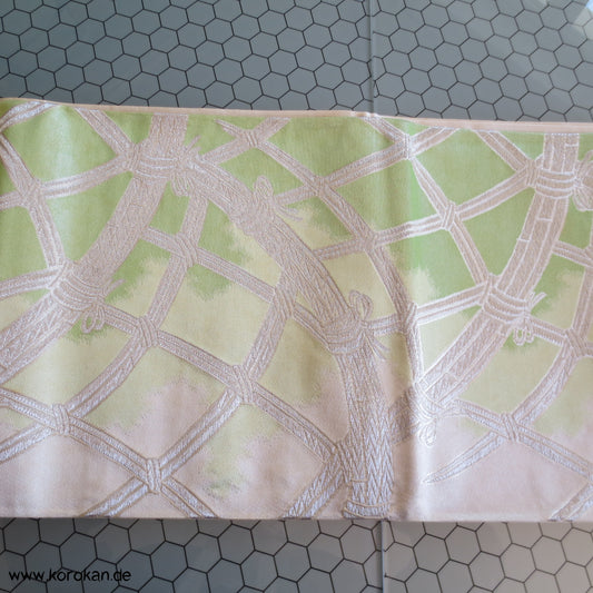 Bambusgitter grün-silber Brokat Fukuro Obi, mit Etikett