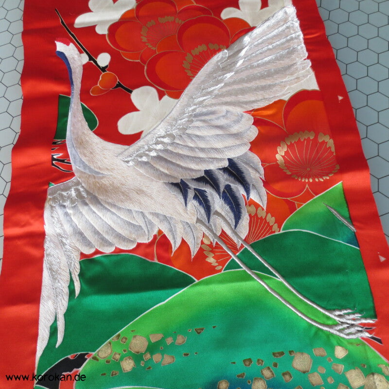 Kranich Panel Kimono Seiden Stickerei Stoffrest