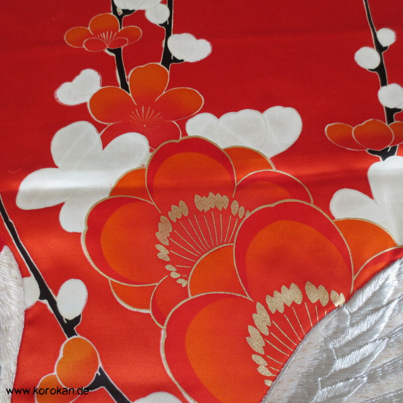 Kranich Panel Kimono Seiden Stickerei Stoffrest
