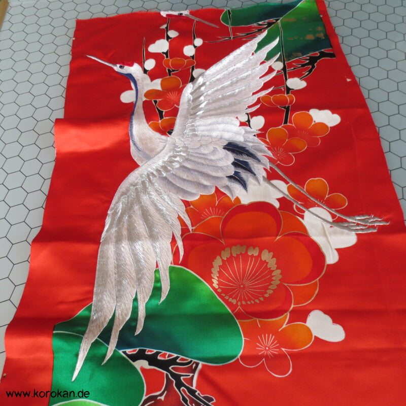 Kranich Panel Kimono Seiden Stickerei Stoffrest