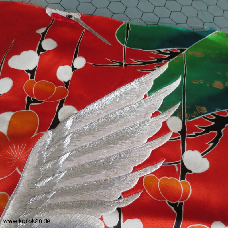 Kranich Panel Kimono Seiden Stickerei Stoffrest
