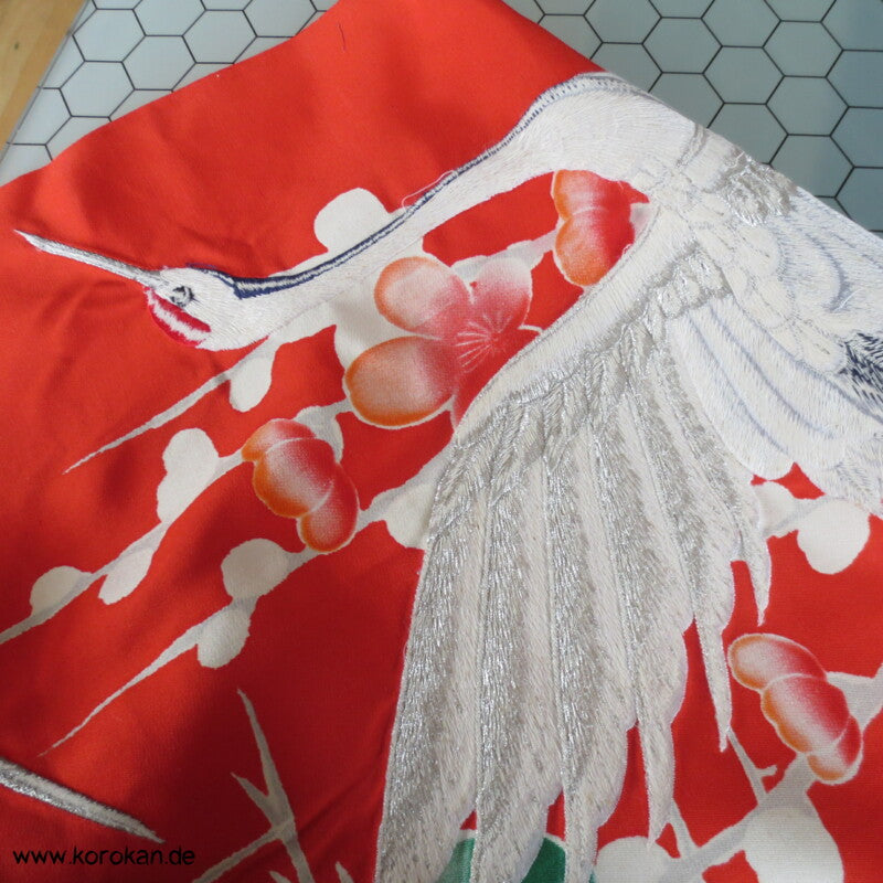 Kranich Panel Kimono Seiden Stickerei Stoffrest