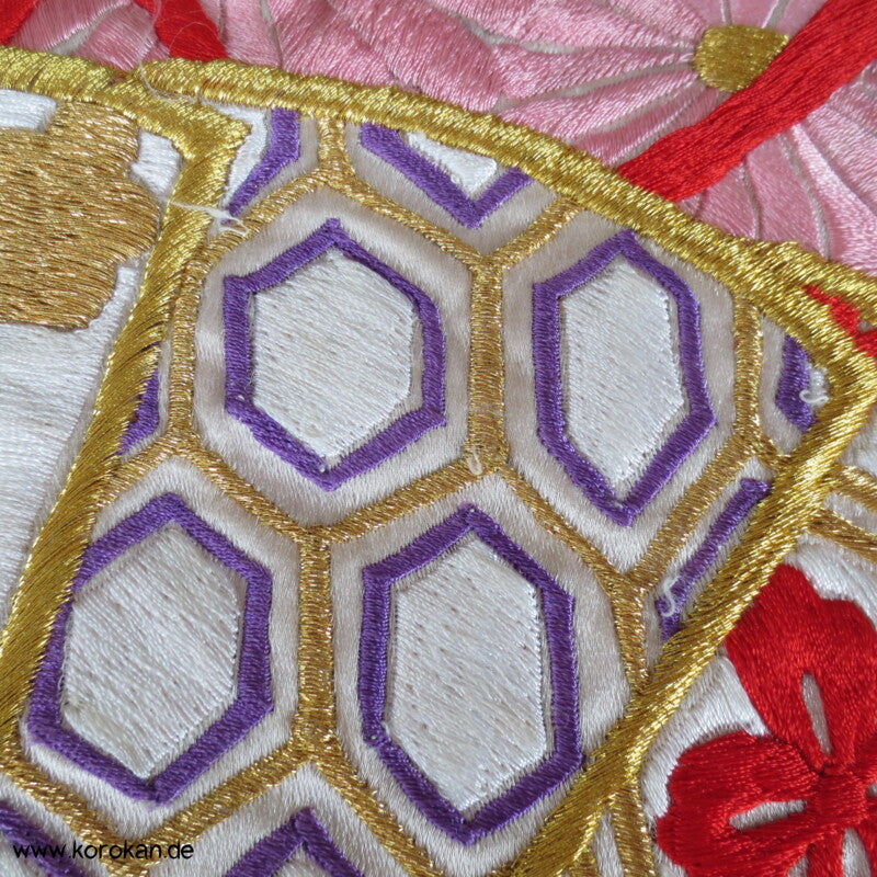 Fächer Chrysanthemen üppige Kimono Seiden Stickerei Panel