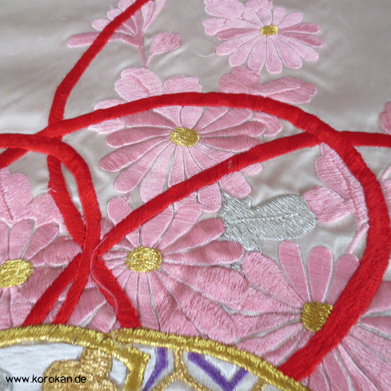 Fächer Chrysanthemen üppige Kimono Seiden Stickerei Panel