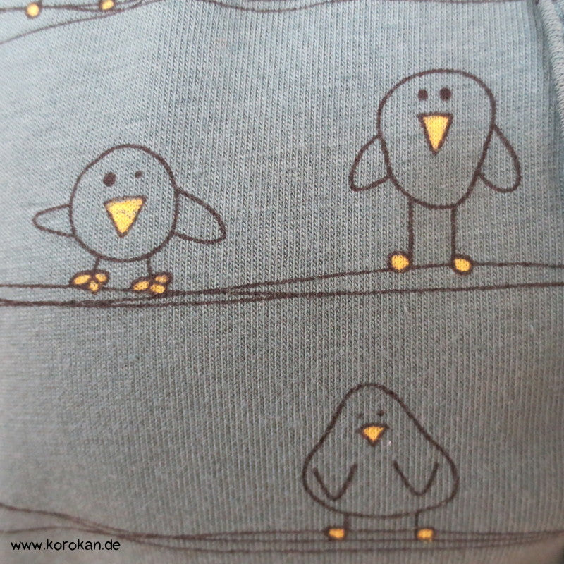 kleine Vögel auf petrol Baumwolljersey T Shirt Jacke, handgehäkelte Borte