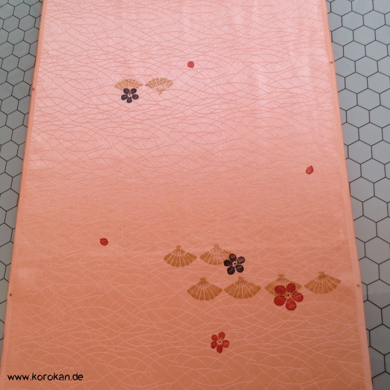 goldbeige Fächer auf lachs Kimono Seiden Rinzu Gräser Damast