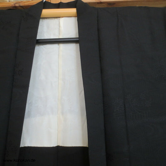Bambusgitter und -zäune schwarze Seidendamast Haori Kimono Jacke