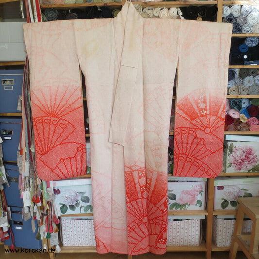 allover Fächermuster mit Farbverlauf Full Shibori Seidendamast Furisode Kimono