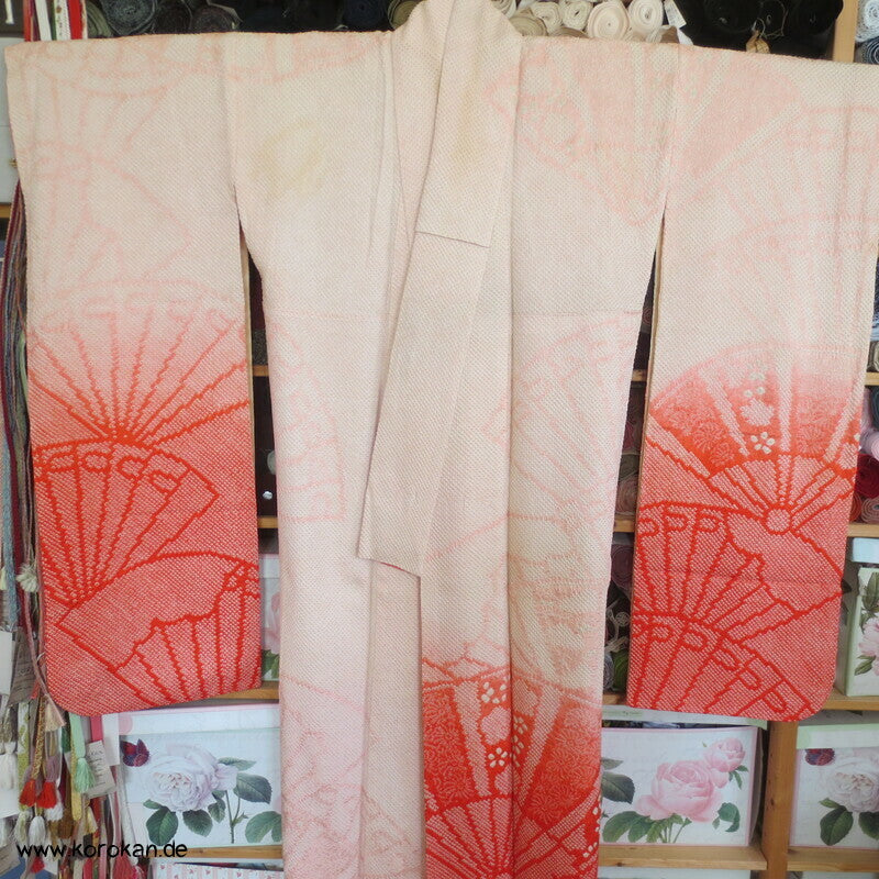allover Fächermuster mit Farbverlauf Full Shibori Seidendamast Furisode Kimono