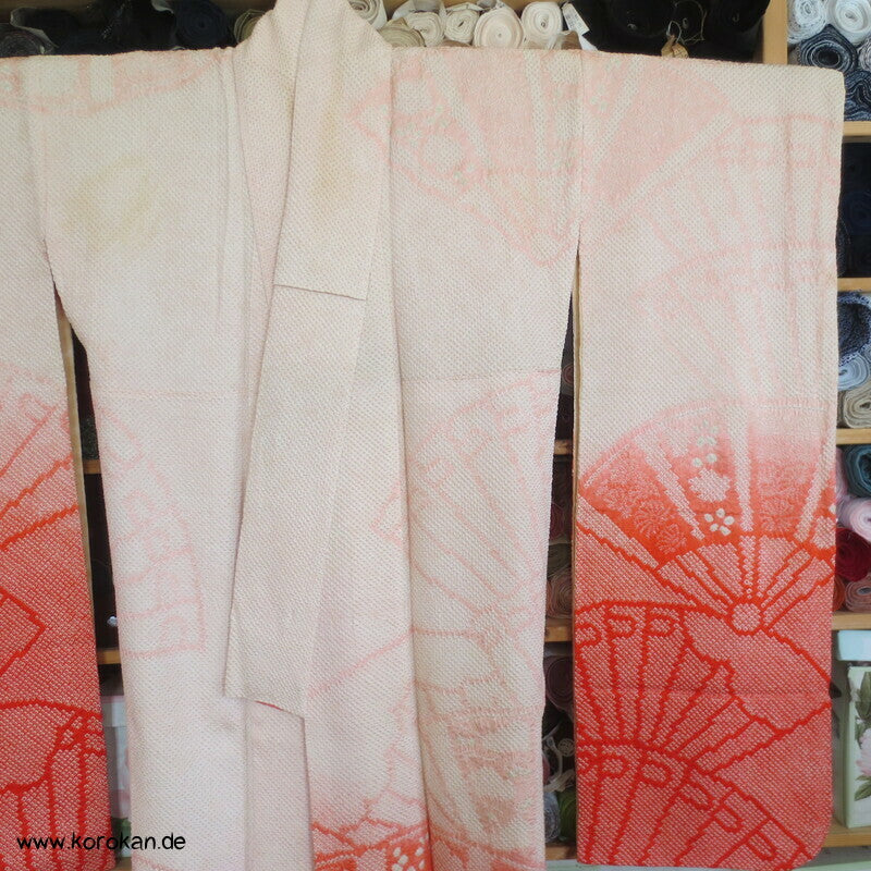 allover Fächermuster mit Farbverlauf Full Shibori Seidendamast Furisode Kimono