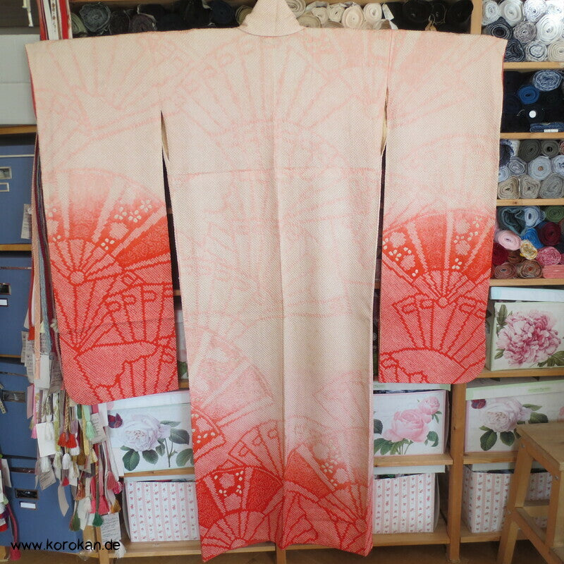 allover Fächermuster mit Farbverlauf Full Shibori Seidendamast Furisode Kimono