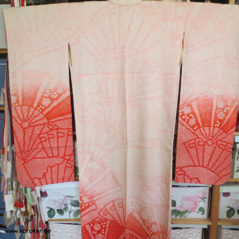 allover Fächermuster mit Farbverlauf Full Shibori Seidendamast Furisode Kimono