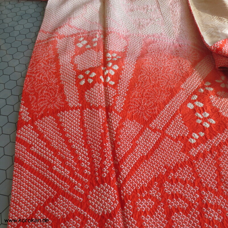 allover Fächermuster mit Farbverlauf Full Shibori Seidendamast Furisode Kimono