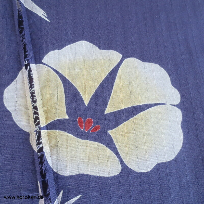 Araihari Baumwoll Yukata Kimono Stoff hellgelbe Asagao auf blau mit Asanoha