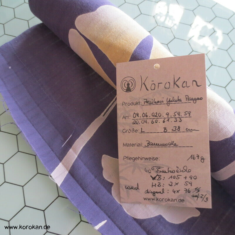 Araihari Baumwoll Yukata Kimono Stoff hellgelbe Asagao auf blau mit Asanoha