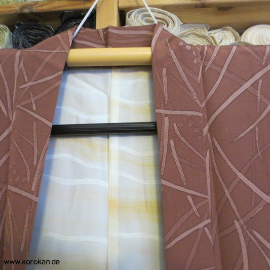 Gräserdruck Haori Kimono Jacke, braunrosa - mauve Seidencrepe