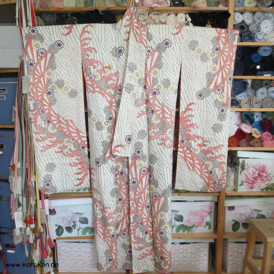 Genji Guruma Wasserräder antiker Furisode Seidendamast Kimono