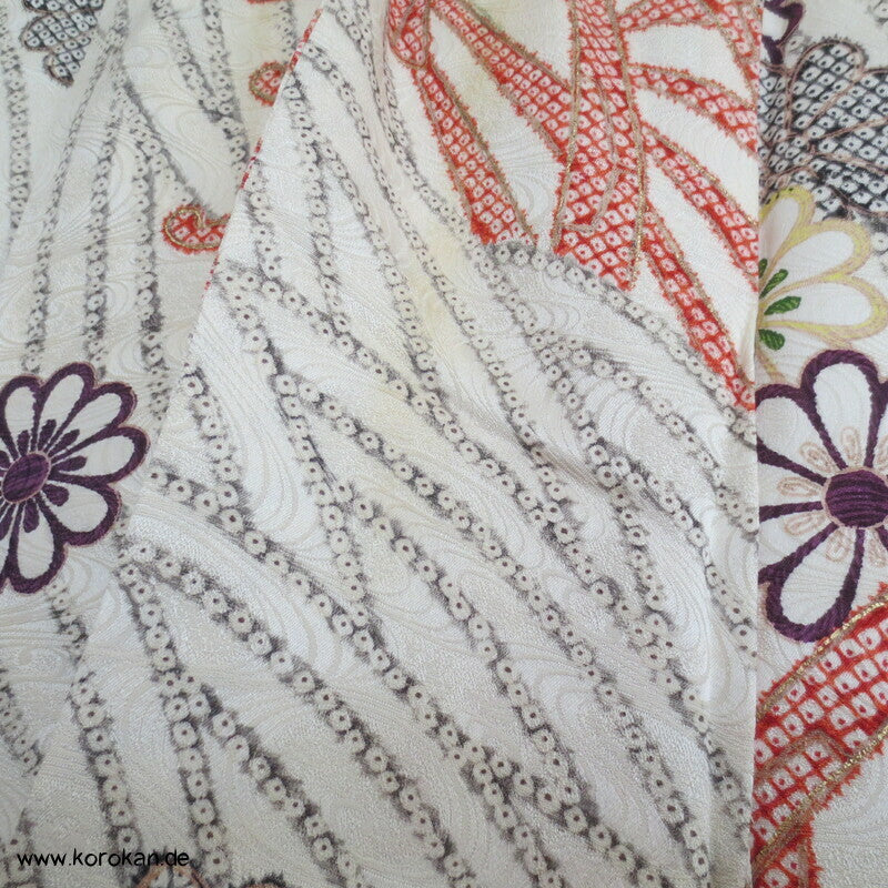 Genji Guruma Wasserräder antiker Furisode Seidendamast Kimono