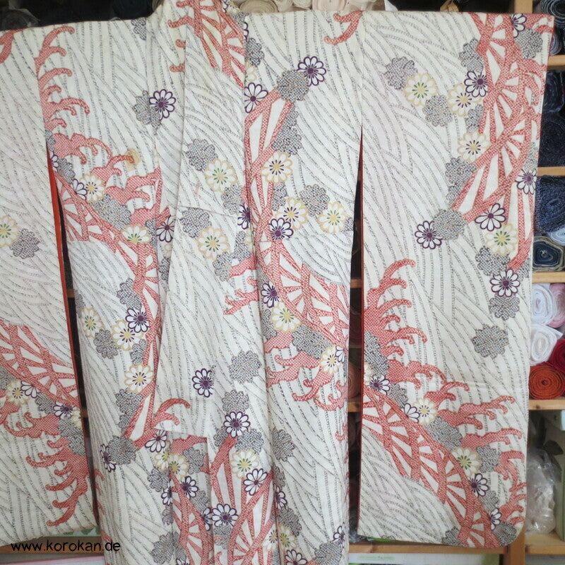 Genji Guruma Wasserräder antiker Furisode Seidendamast Kimono