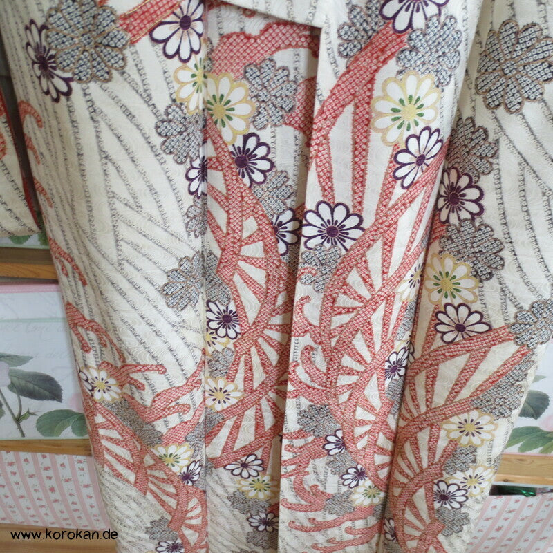 Genji Guruma Wasserräder antiker Furisode Seidendamast Kimono