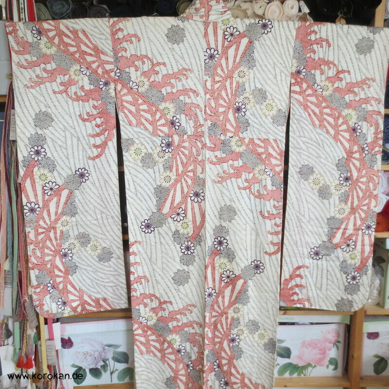 Genji Guruma Wasserräder antiker Furisode Seidendamast Kimono