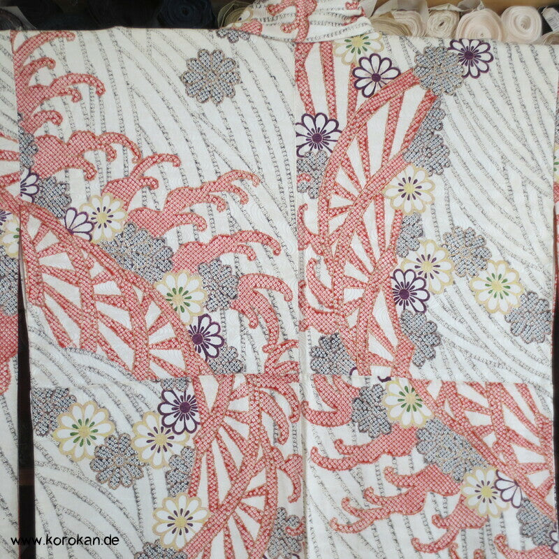 Genji Guruma Wasserräder antiker Furisode Seidendamast Kimono