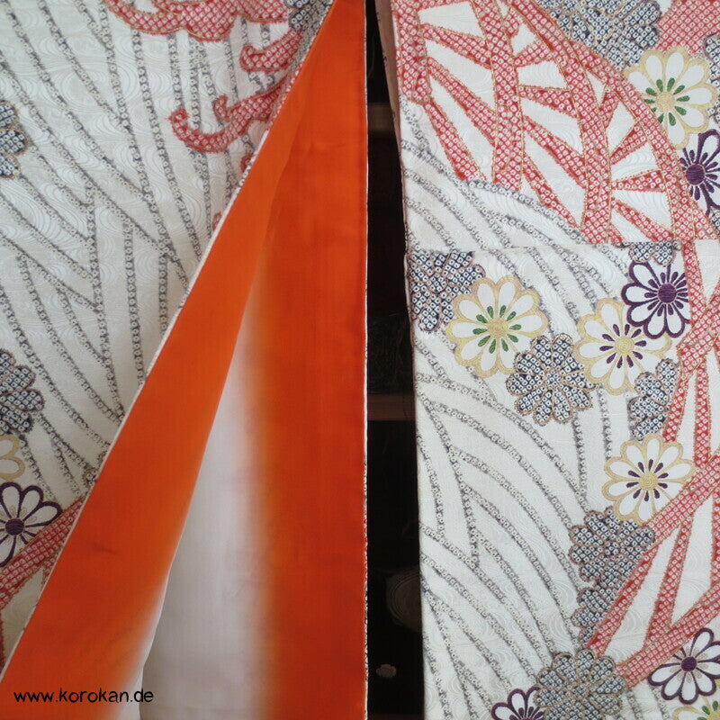 Genji Guruma Wasserräder antiker Furisode Seidendamast Kimono