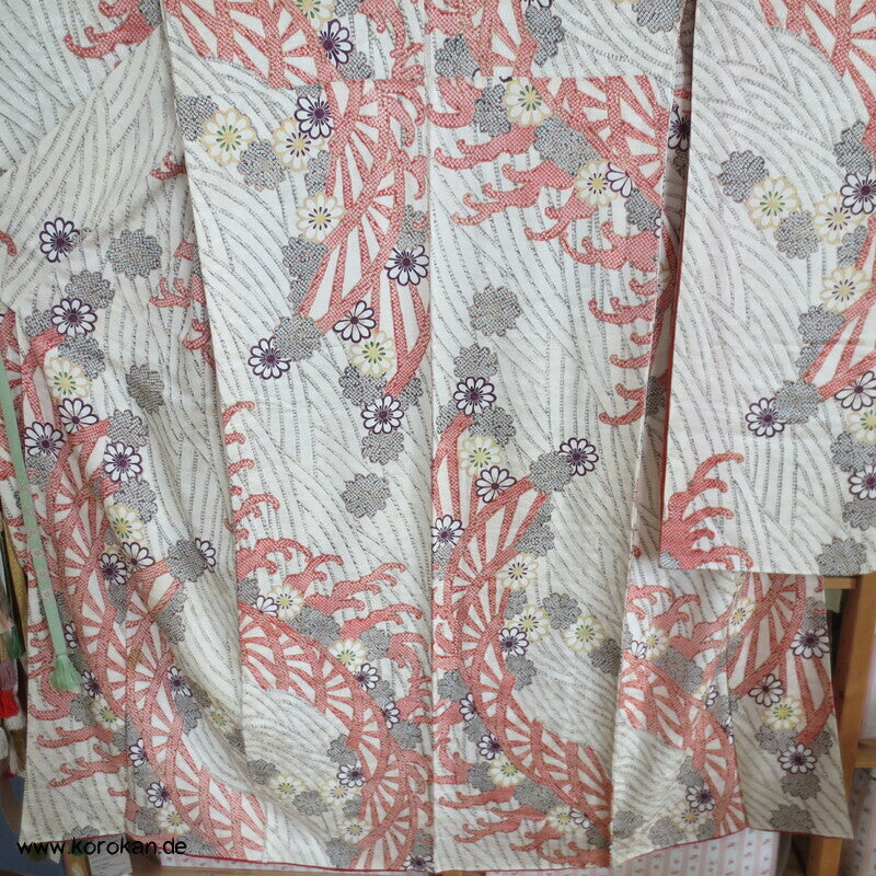 Genji Guruma Wasserräder antiker Furisode Seidendamast Kimono