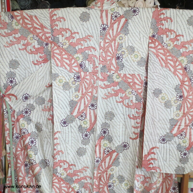 Genji Guruma Wasserräder antiker Furisode Seidendamast Kimono