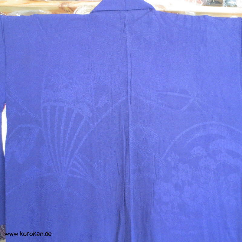 gewebte Fächer und Blüten, veilchenblauer Seidendamast Iromuji Kimono