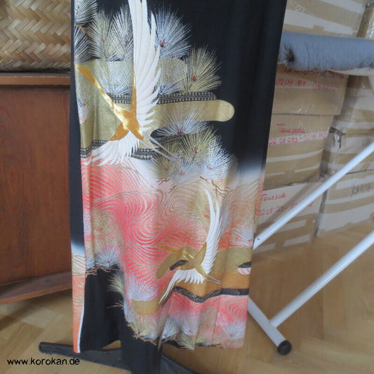 Japan Tomesode Kimono Seidencrepe Upcycling Cocktail Kleid, Kranich, Unikat, Gr. S