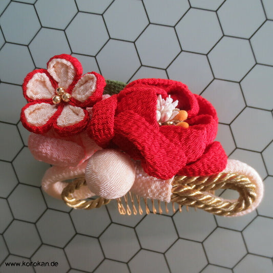 japanischer Kanzashi Haarkamm - Fascinator, Blüten Kordel rot gold