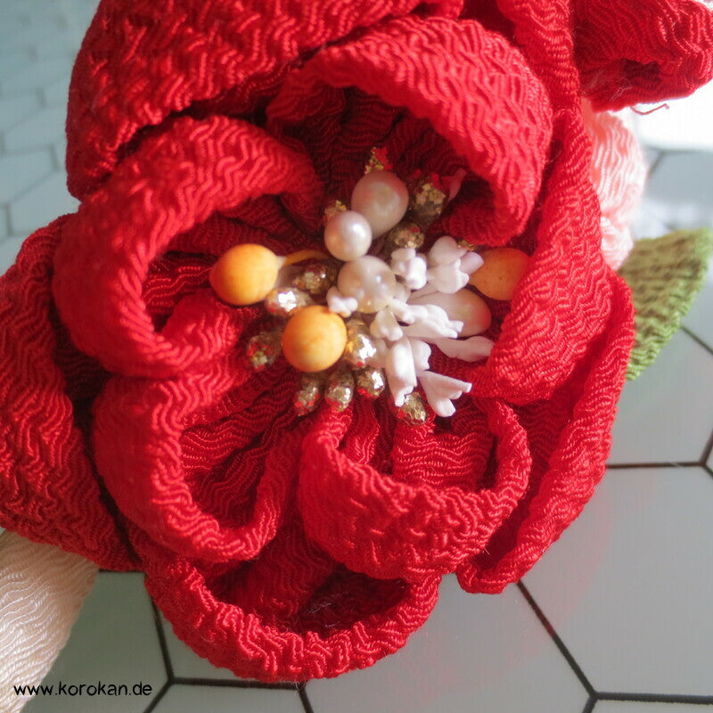 japanischer Kanzashi Haarkamm - Fascinator, Blüten Kordel rot gold