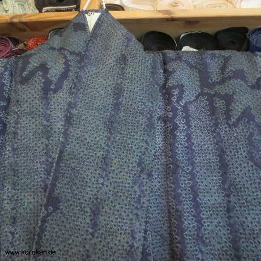 Full Shibori Seidendamast dunkelgrau - blaues Bambusmuster Kimono