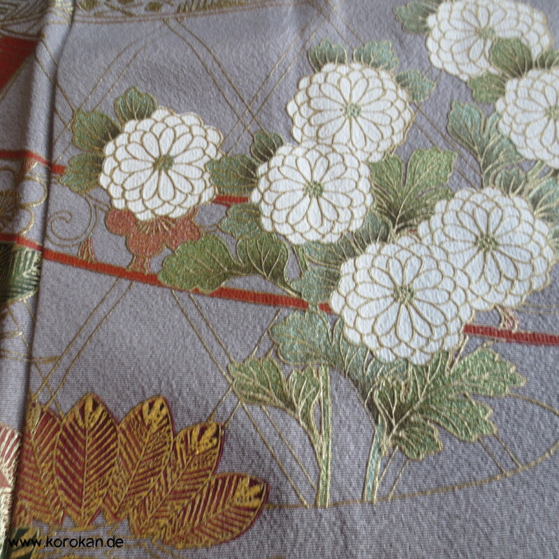 Noshi, Gold und Stickerei Irotomesode, grauer Seiden Kimono