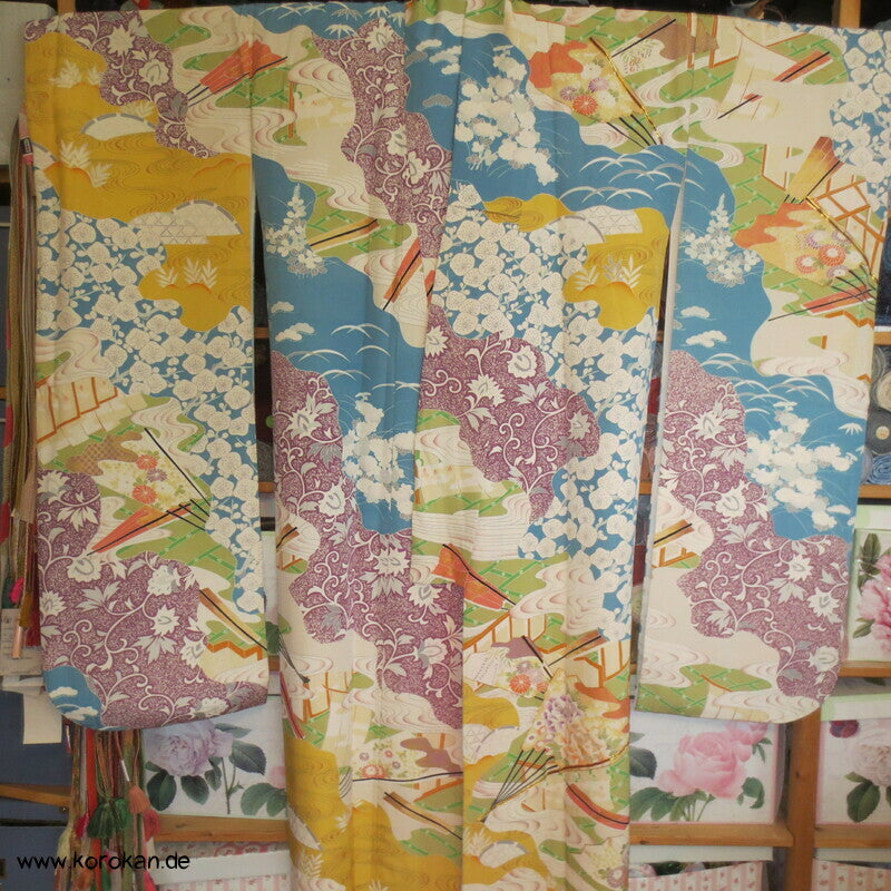 pastellbuntes Diagonalflussmuster Furisode Seidencrepe Kimono