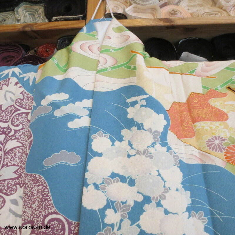 pastellbuntes Diagonalflussmuster Furisode Seidencrepe Kimono