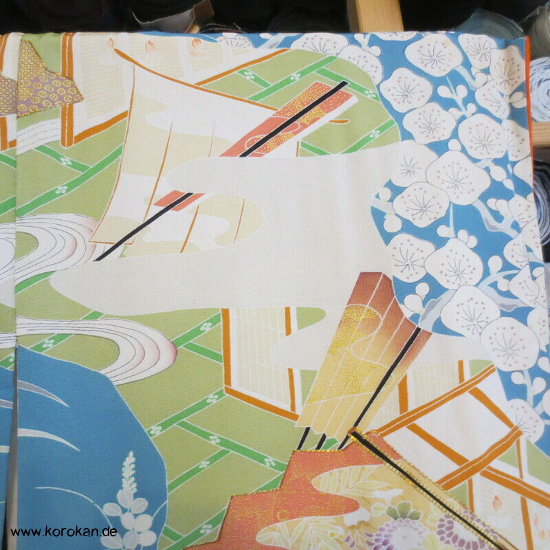 pastellbuntes Diagonalflussmuster Furisode Seidencrepe Kimono