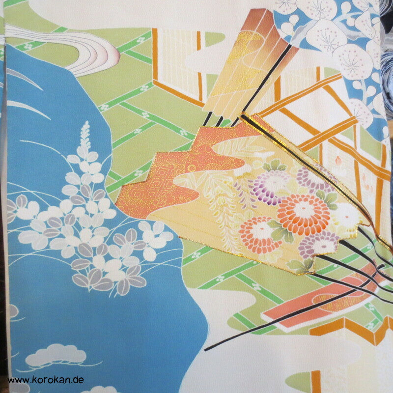pastellbuntes Diagonalflussmuster Furisode Seidencrepe Kimono