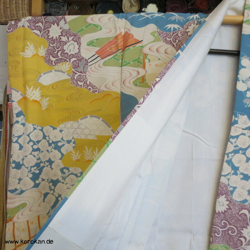 pastellbuntes Diagonalflussmuster Furisode Seidencrepe Kimono