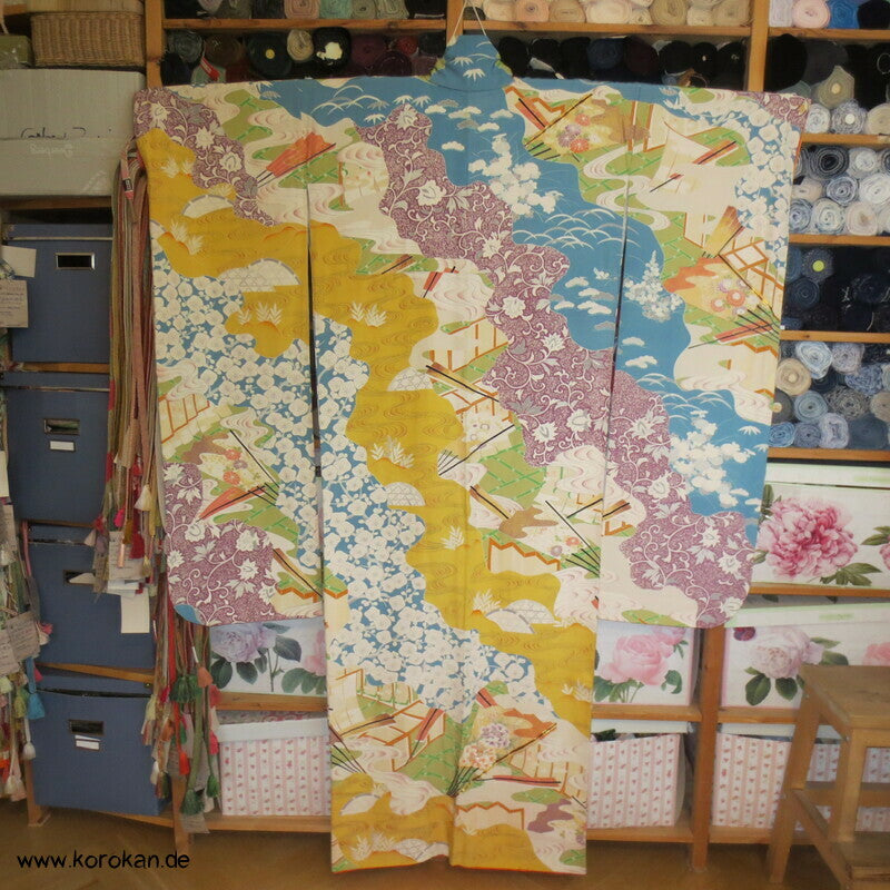 pastellbuntes Diagonalflussmuster Furisode Seidencrepe Kimono