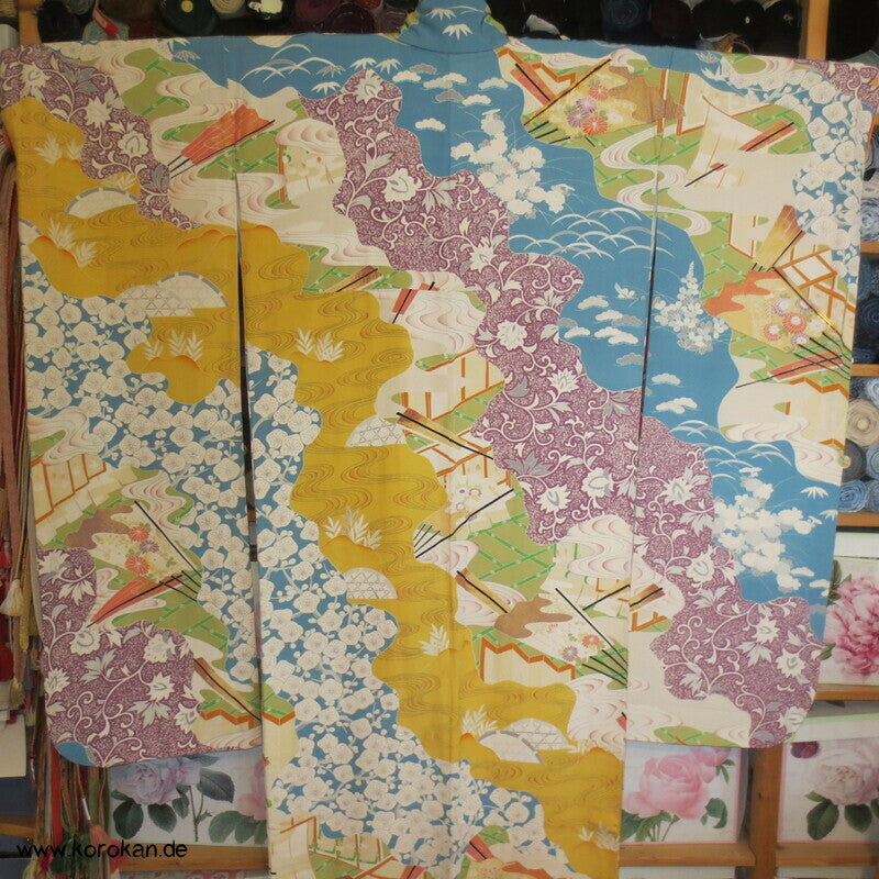 pastellbuntes Diagonalflussmuster Furisode Seidencrepe Kimono